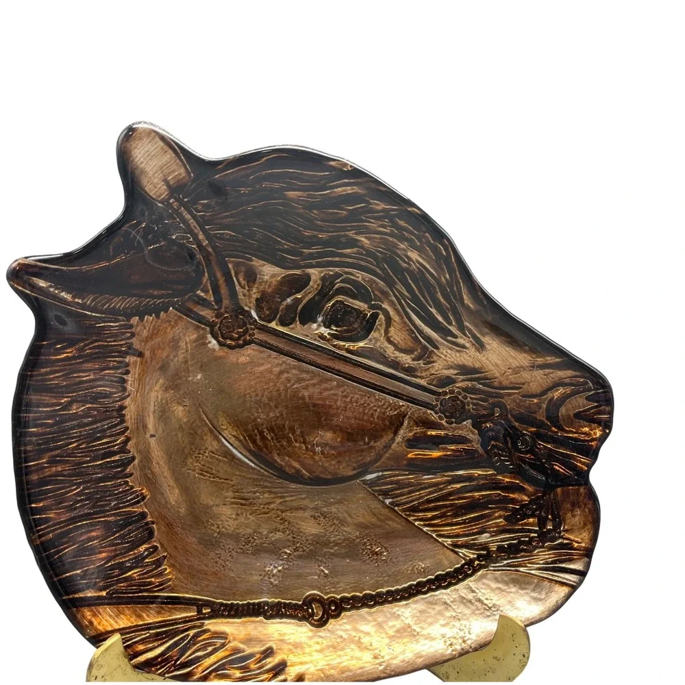 Vintage ‎ Horse Head equestrian Decor Plate, Dish, Ashtray Amber glass